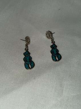 Vintage Turquoise Chip Inlay Dangle Earrings, Southwestern Style Silver Tone